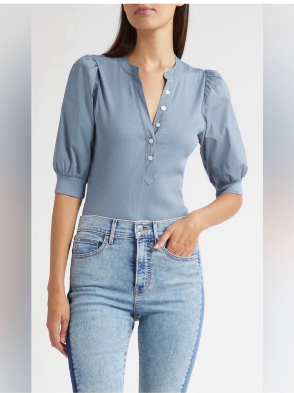 NWT Bailey 44 Women’s Light Blue Puff Sleeve Henley Top